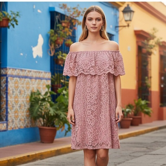 Philosophy Apparel Dresses & Skirts - Pink Floral Lace Off The Shoulder Ruffle Shift Dress Dusty Rose Small